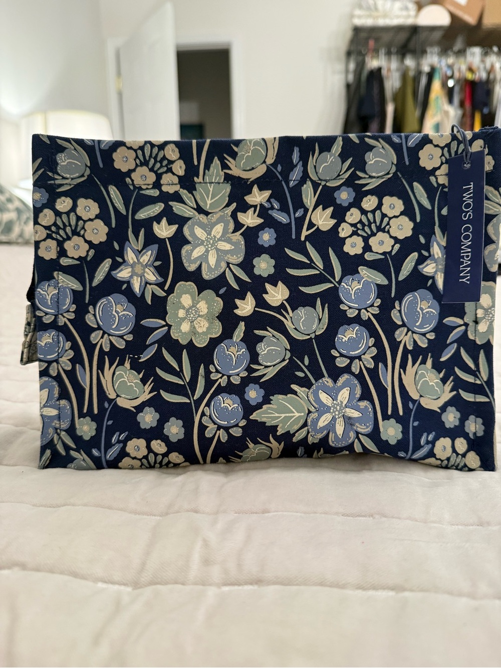 Two's Company Navy Floral Zip Cosmetic Pouch with Blue and Cream Blooms